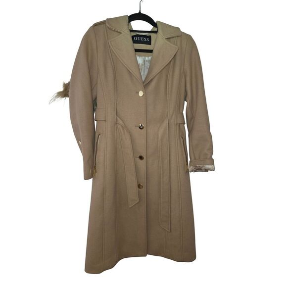 Guess Jackets & Blazers - GUESS Womens Camel Tan Longline Trench Coat Gold Hardware Floral Lining Belted